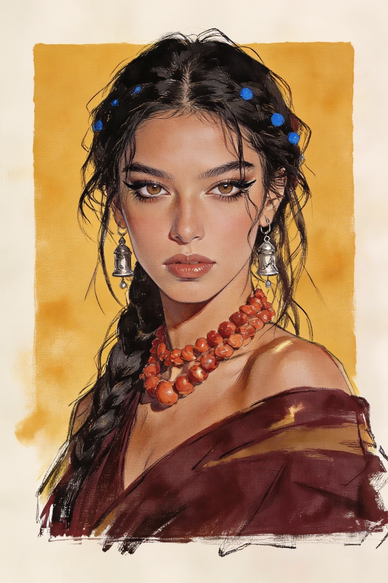 gouache painting. This digital illustration depicts a portrait of a beautiful woman with a piercing gaze,  centered agains...