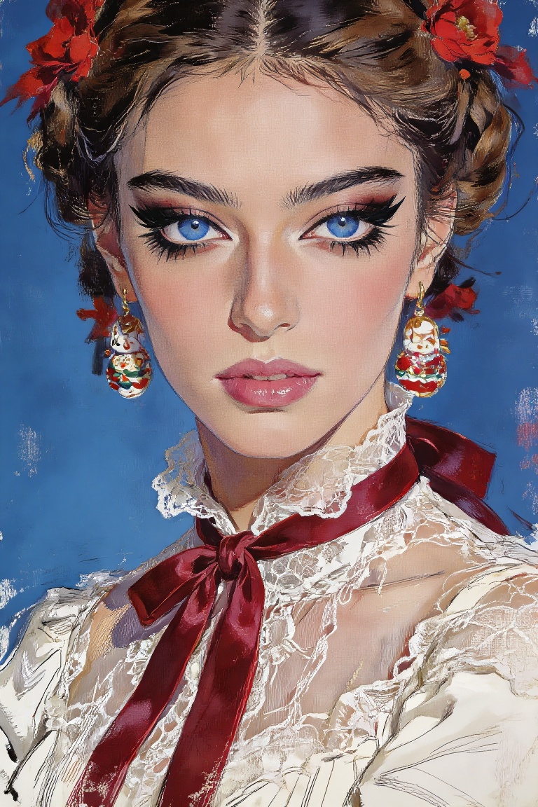 gouache painting. This digital illustration depicts a woman with Tatar features and light brown hair styled in braids ador...