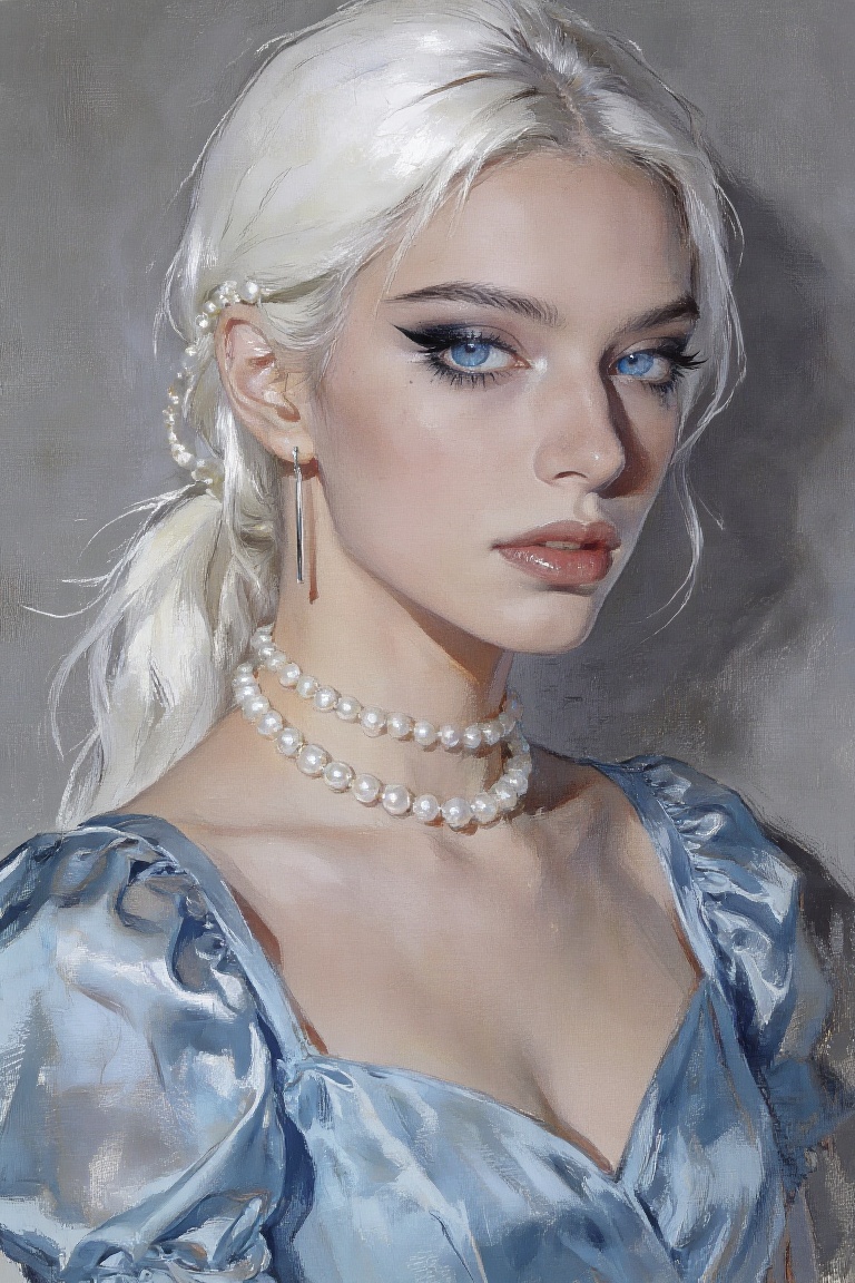 gouache painting. This digital illustration depicts a woman with pale skin,  striking blue eyes,  and long on Tensor.Art