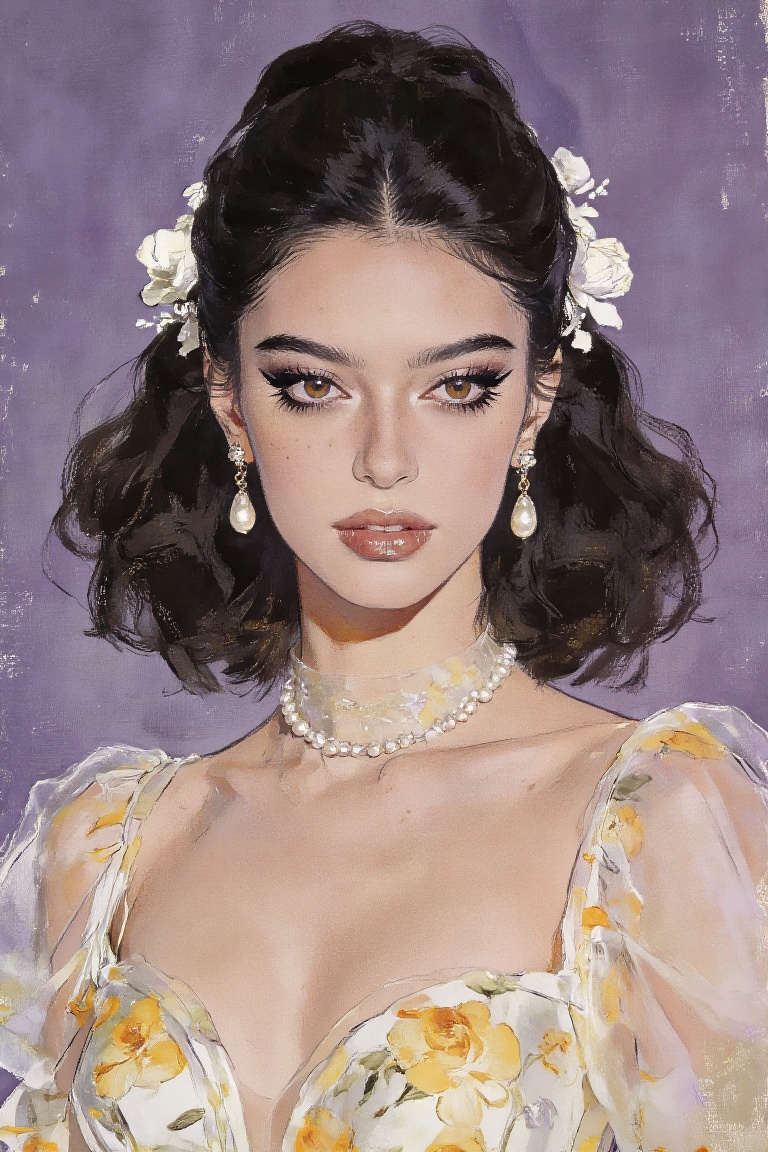 gouache painting. This digital painting in a smooth,  stylized art form portrays a glamorous woman with dark,  wavy hair p...