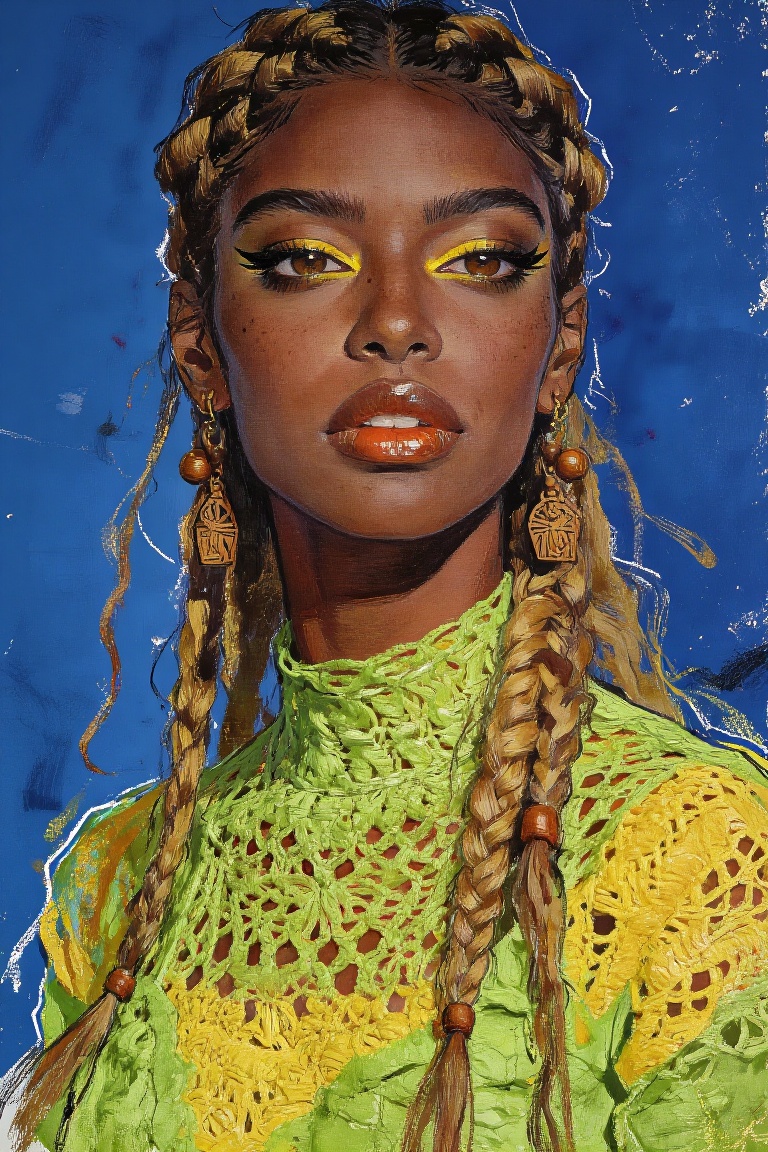 gouache painting. This digital illustration depicts a woman with a stylized,  high-contrast appearance against a solid,  v...