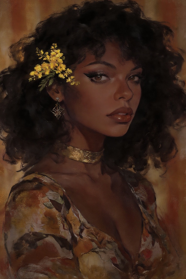 gouache painting. This digital illustration depicts a portrait of a woman with deep dark skin and voluminous,  curly black...