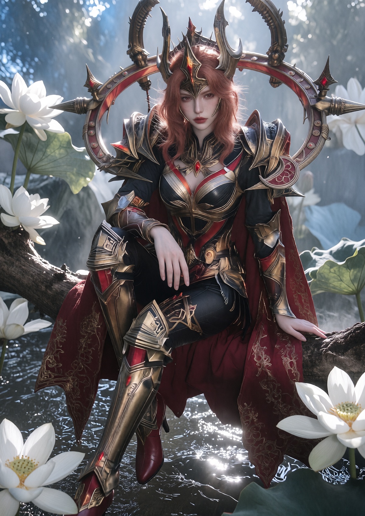 Subject: A Princess with fair skin,  striking red eyes,  and a stern expression wears long on Tensor.Art