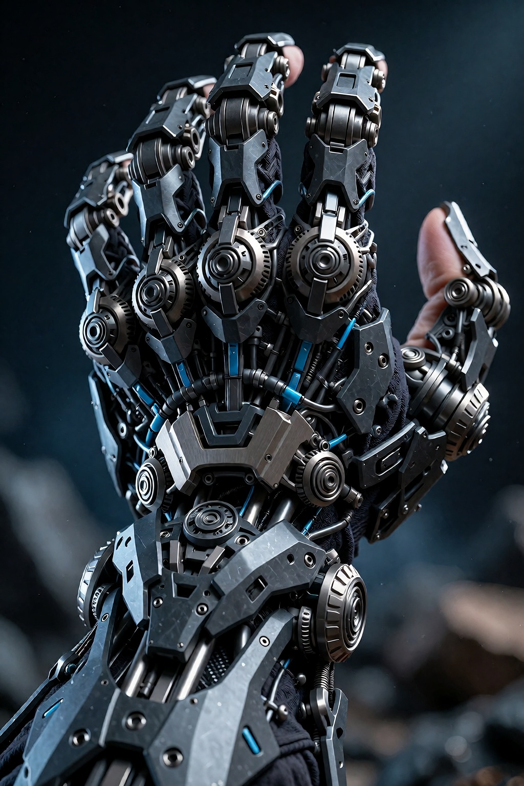 A first-person POV hero shot of my own hand wearing a fully transformed futuristic ninja gauntlet. The final design contai...