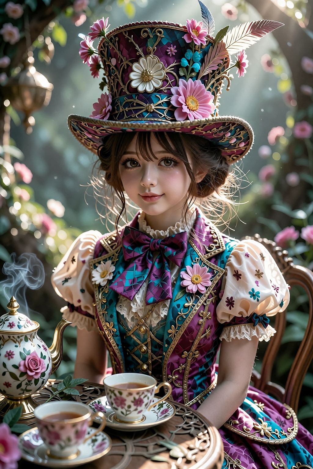 Alice in Wonderland background,  1 girl,  cladding in a colorful waistcoat and donning an whimsically decorated (top hat a...