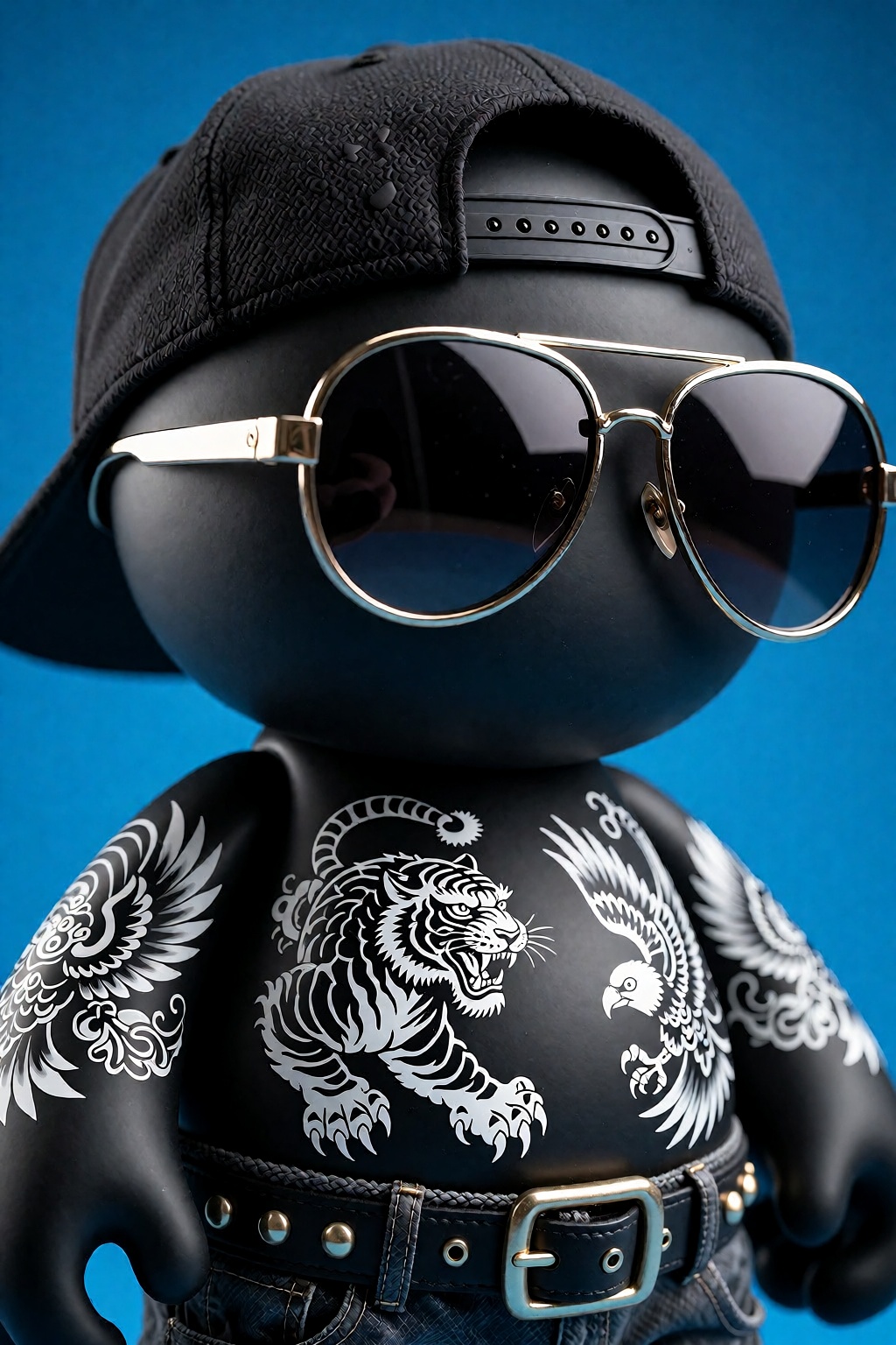 3D rendered matte black designer toy figure,  stylized round anthropomorphic shape,  backward black baseball cap on Tensor...