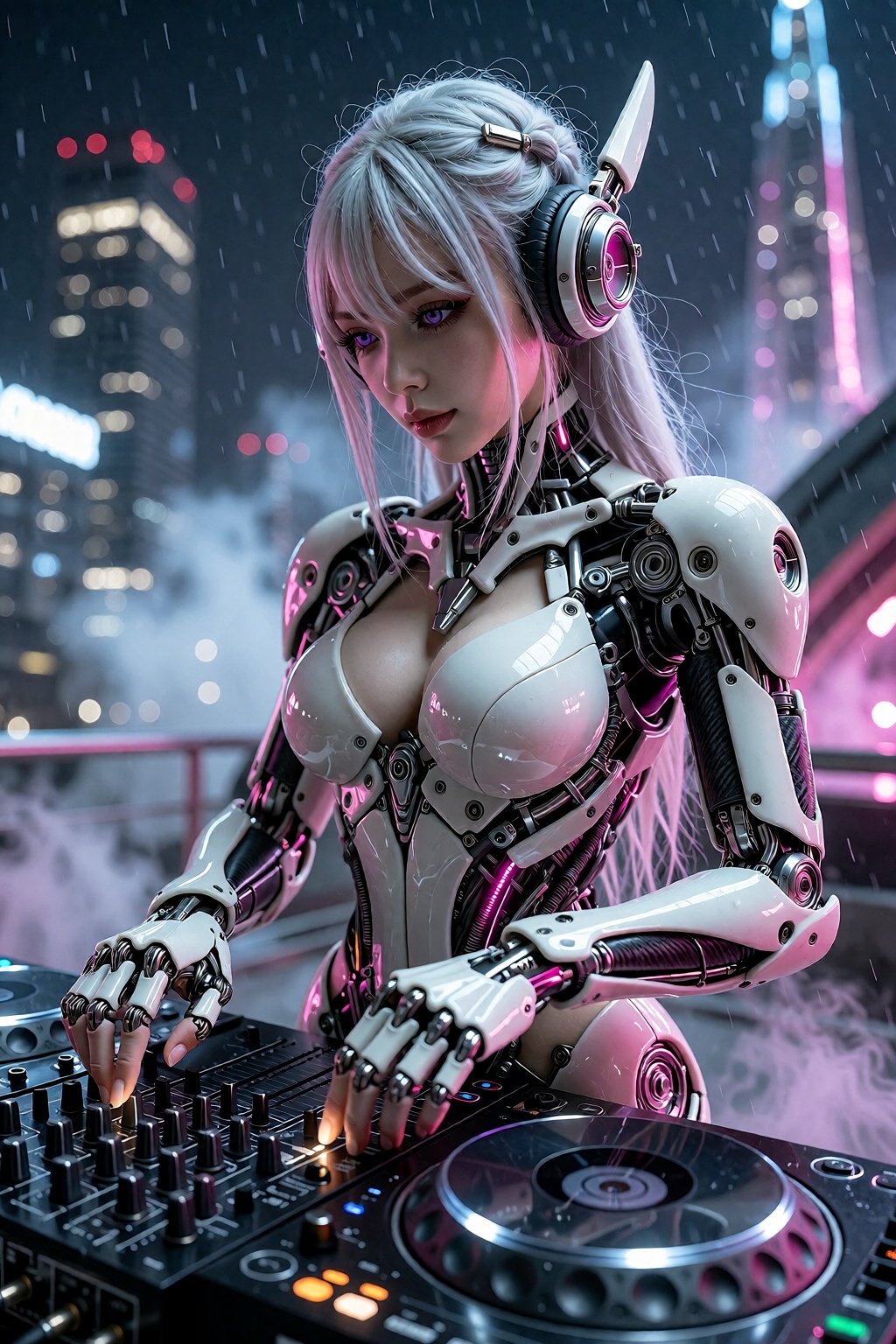 A cinematic photograph of a futuristic female android DJ inspired by refined Japanese cybernetic design. She has an elegan...