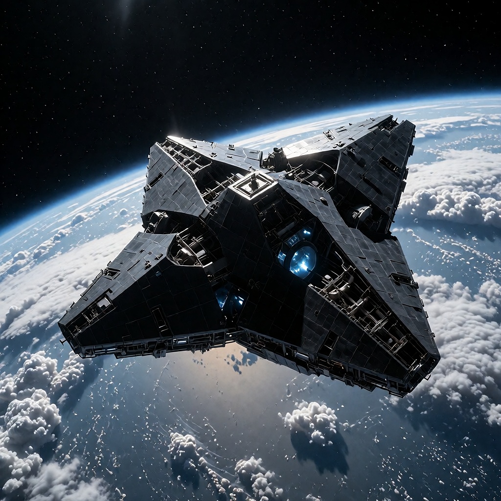 Retrospective Cold War era space observation photography,  mysterious black spacecraft hovering in low Earth orbit,  large...