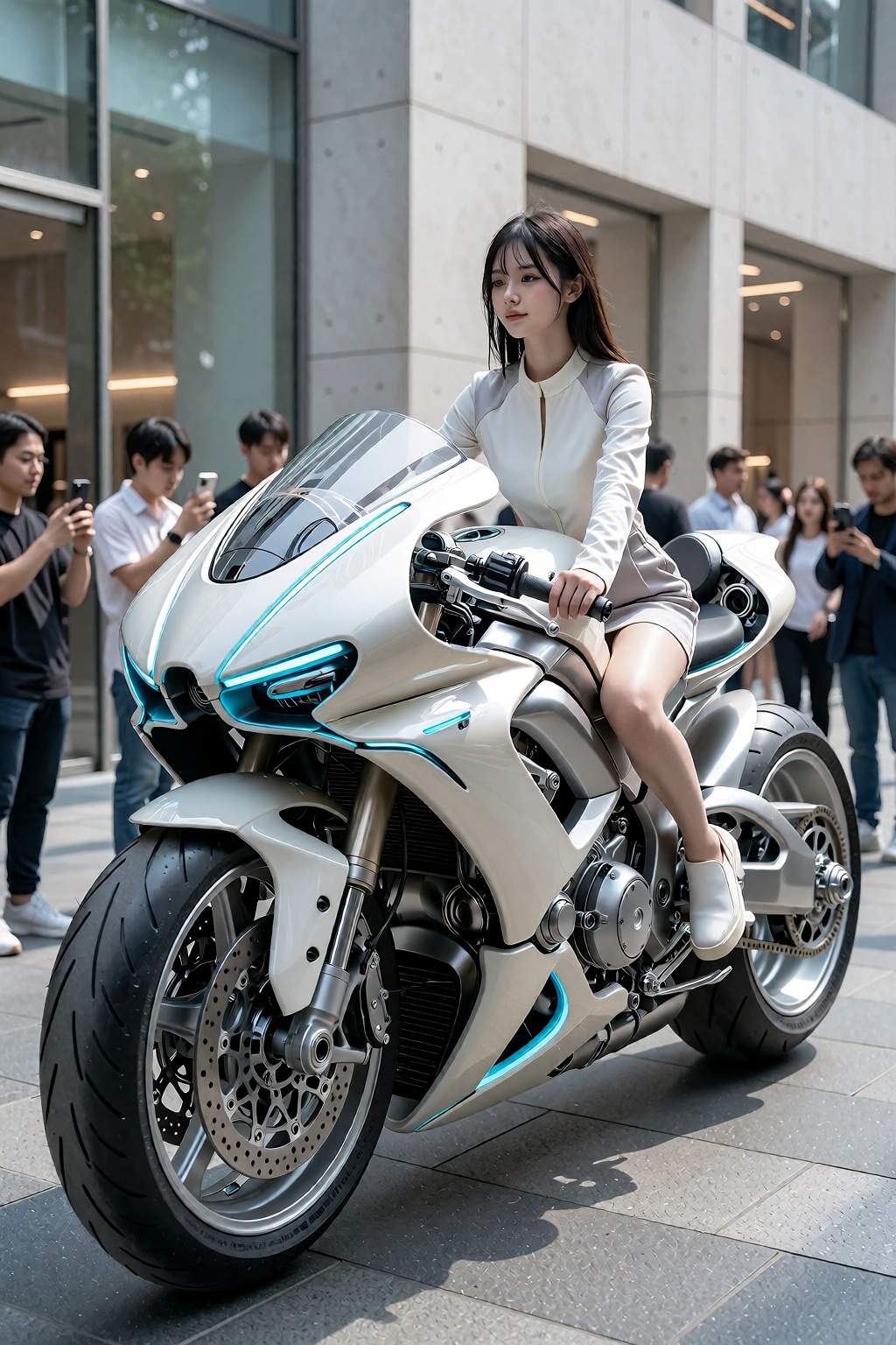 An editorial street photograph of a young East Asian woman sitting on an enormous ultra-modern robotic motorcycle in the m...