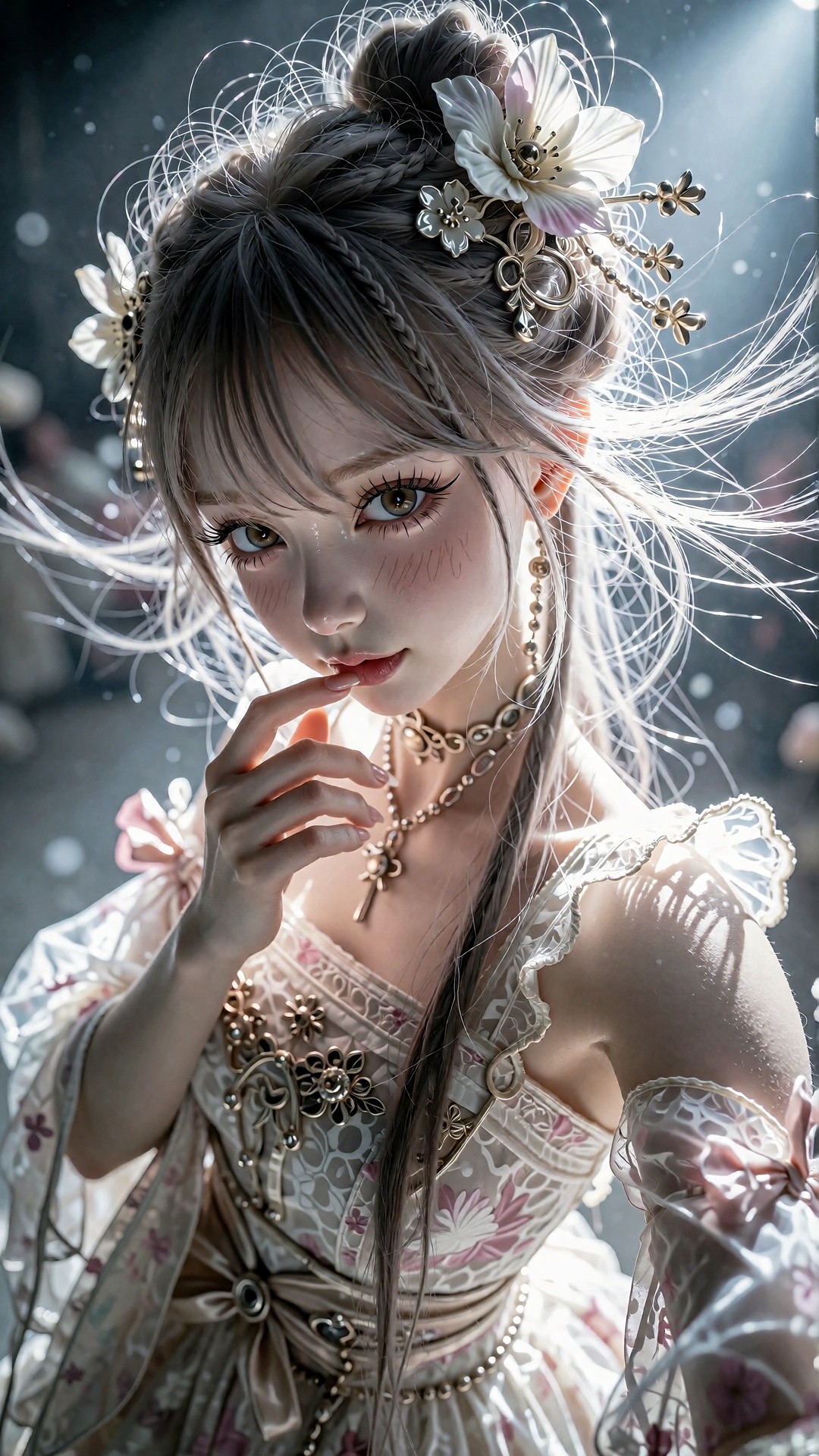An oval-faced character in a stylized "Guofeng" (traditional Chinese aesthetic) anime style. A surreal,  photorealistic po...