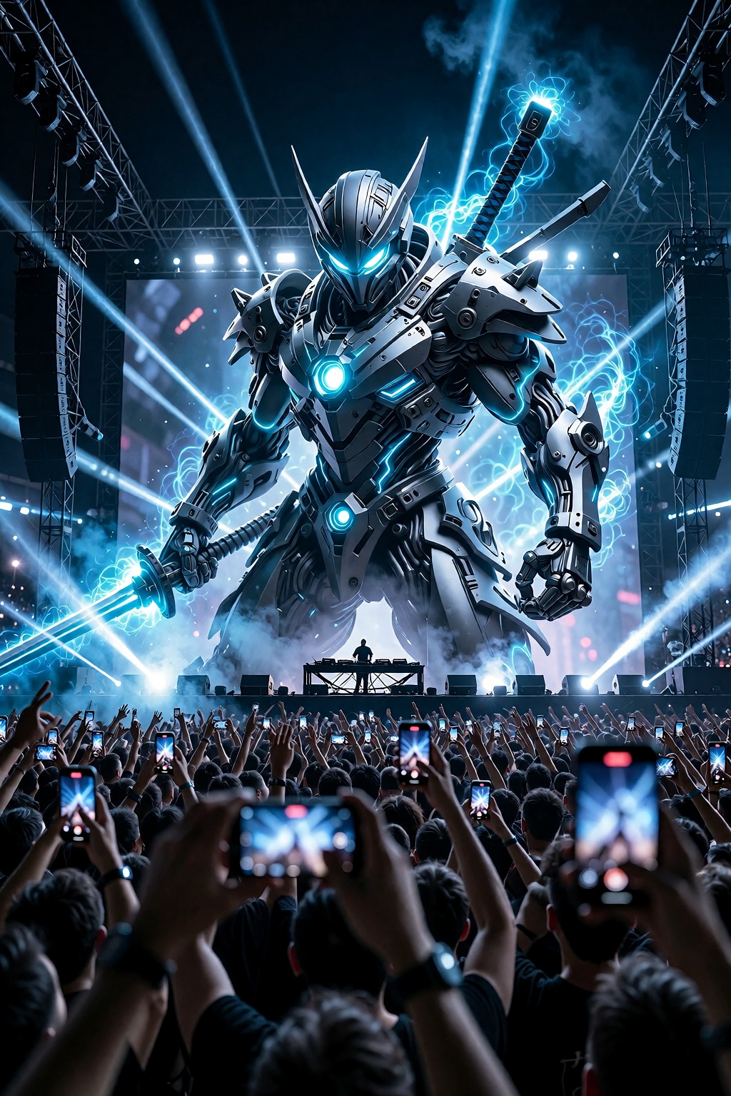 First-person perspective in a packed night concert. In the distance,  a huge crowd holds up glowing phones toward an enorm...