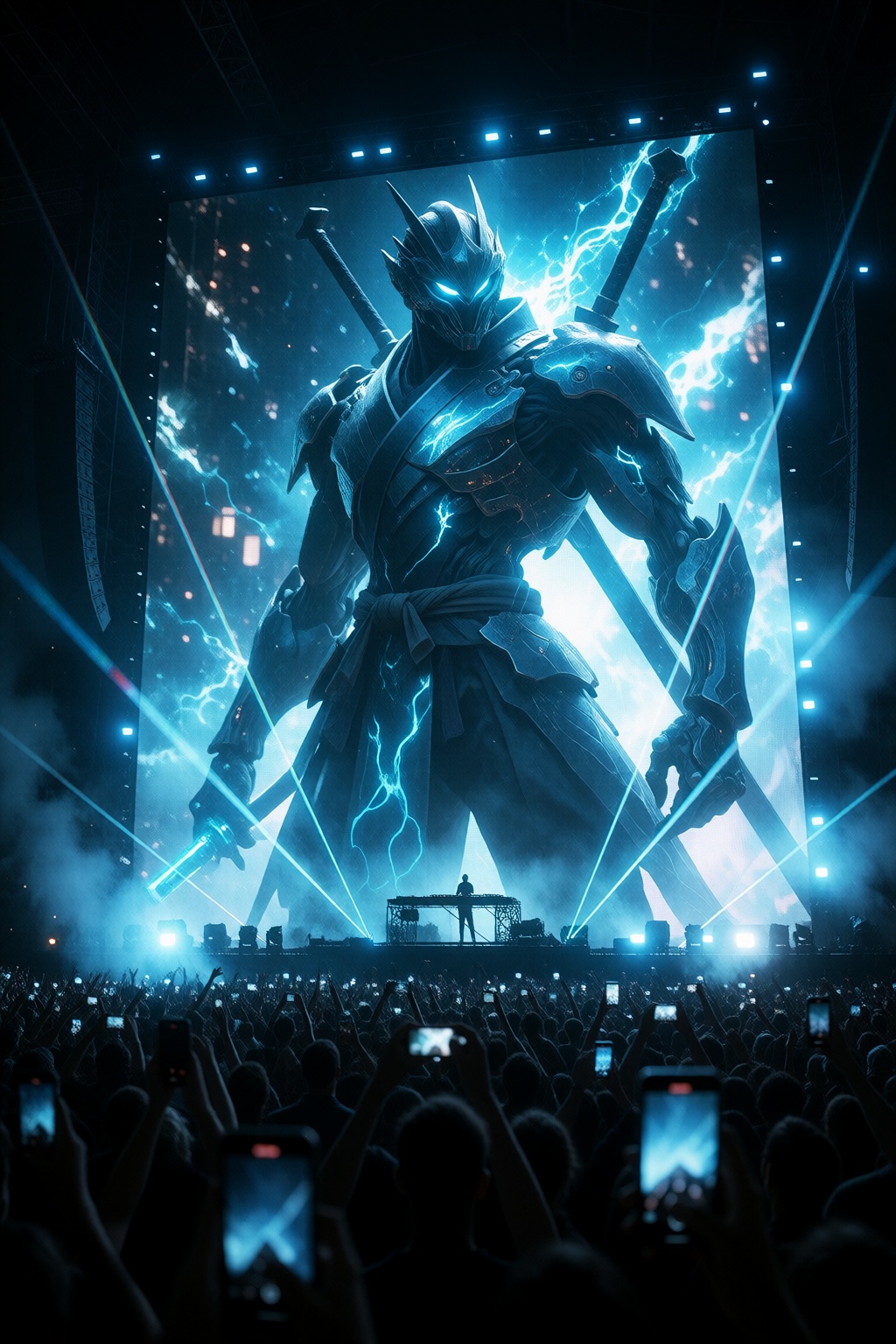 First-person perspective in a packed night concert. In the distance,  a huge crowd holds up glowing phones toward an enorm...