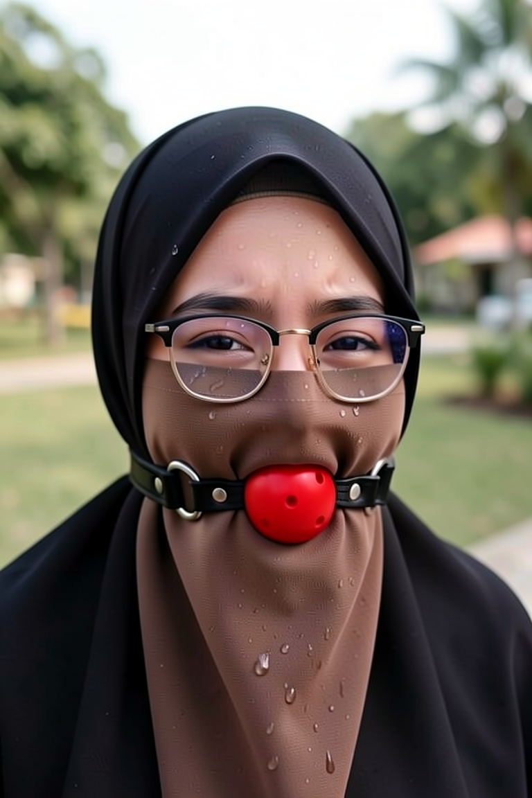 Make her gagged with a perfect position and size ballgag with leather strap and buckle over her niqab very tigh and back o...