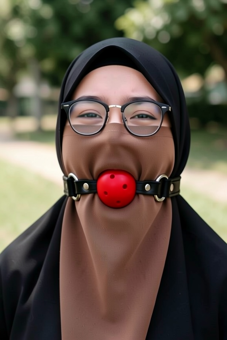 Make her gagged with a perfect position and size ballgag with leather strap and buckle over her niqab very tigh and back o...