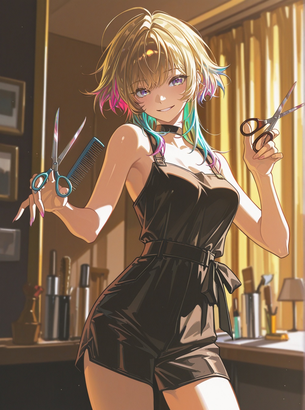 ZeroStyle stylish anime hairdresser girl with colorful hair in cowboy shot,  holding scissors and comb,  playful smile on...