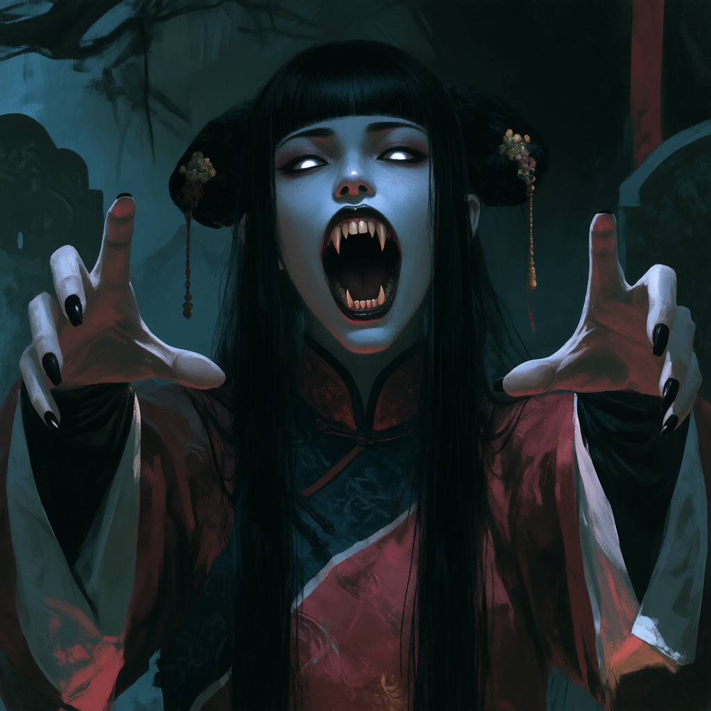 a square composition showing a female jiangshi. Her mouth hangs wide open,  showcasing sharp fangs. She has long black hai...