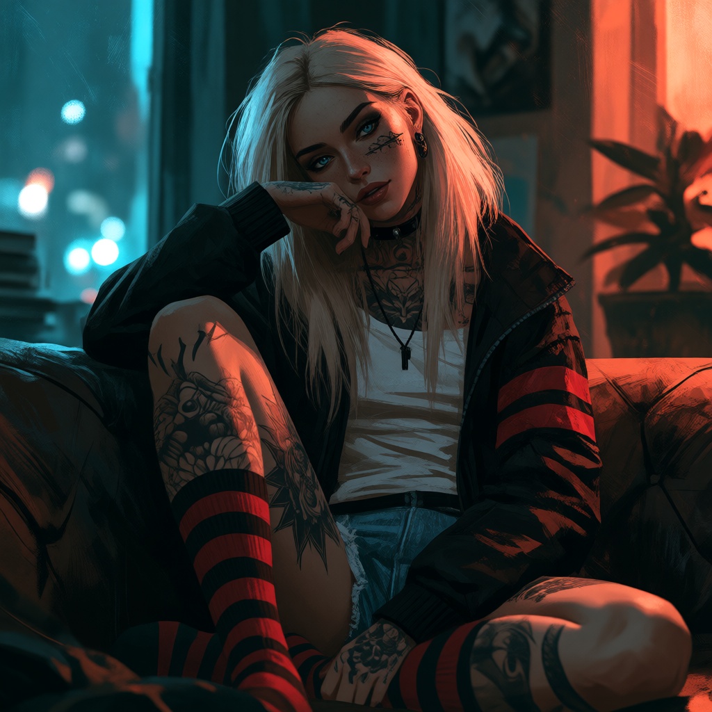 an illustration of a young woman with long blonde hair,  blue eyes,  and tattoos on Tensor.Art