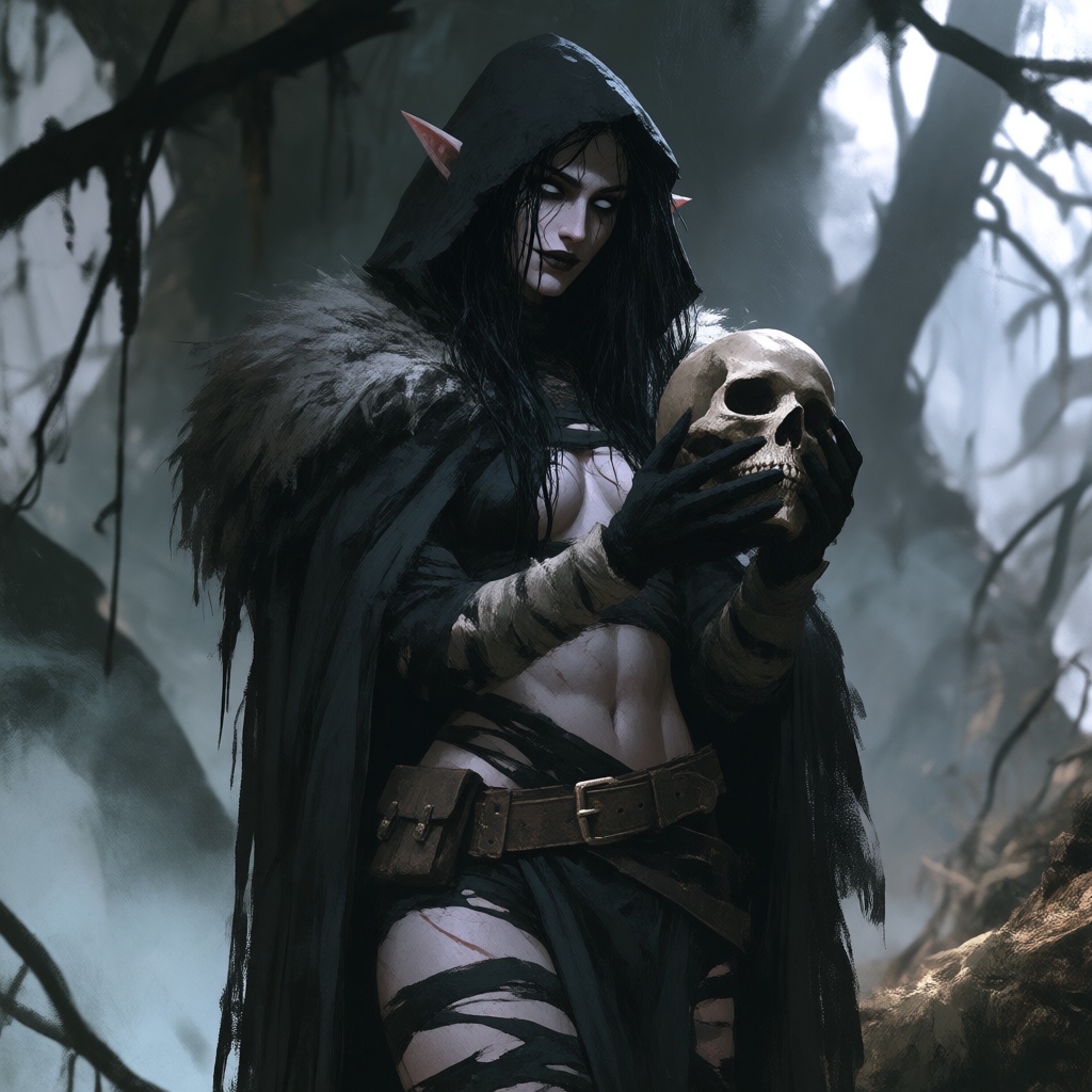 This digital fantasy artwork depicts a dark,  eerie forest scene featuring a tall,  mysterious female elf with pale skin a...