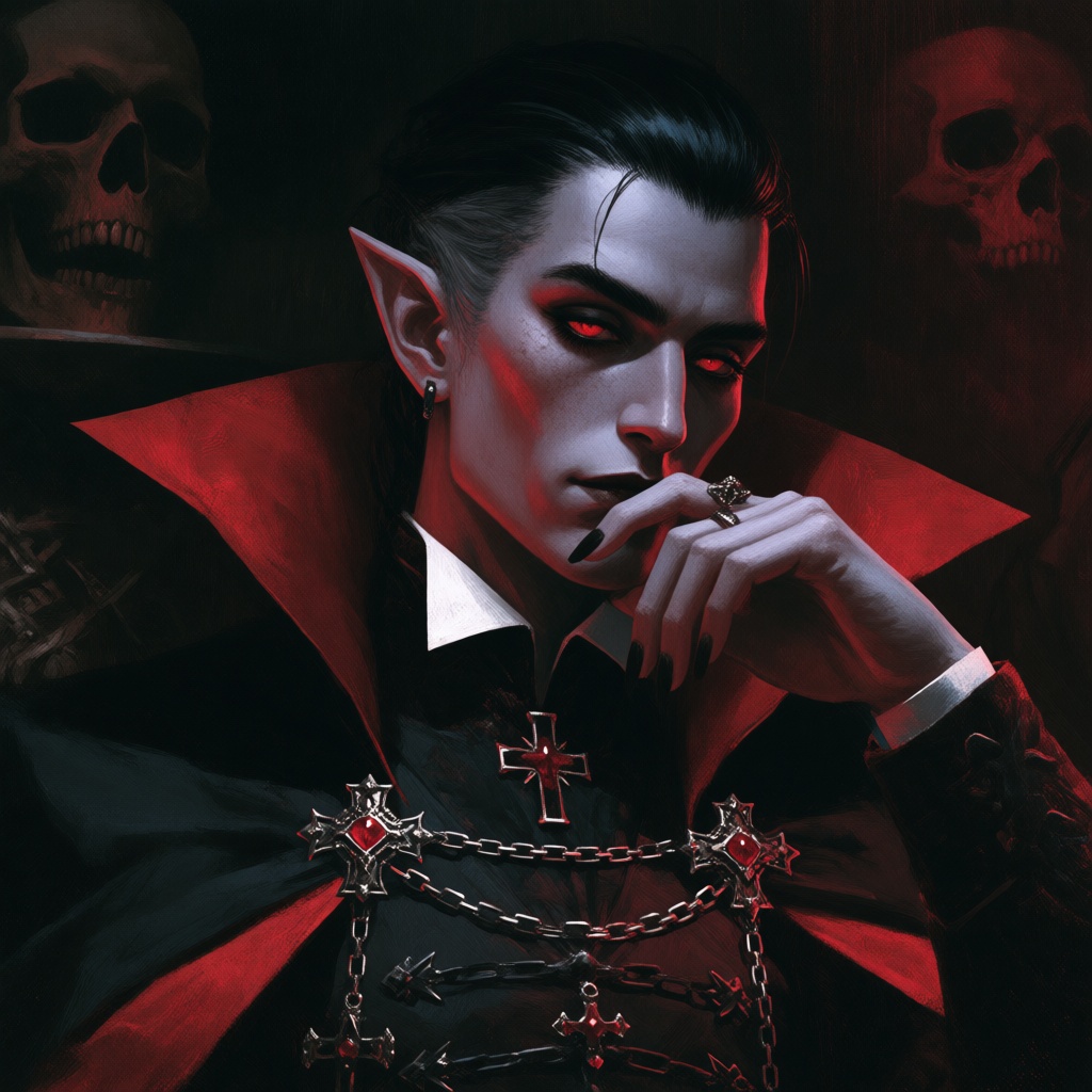 a close up portrait of a male vampire with sharp features,  pointed ears,  slicked back dark hair on Tensor.Art