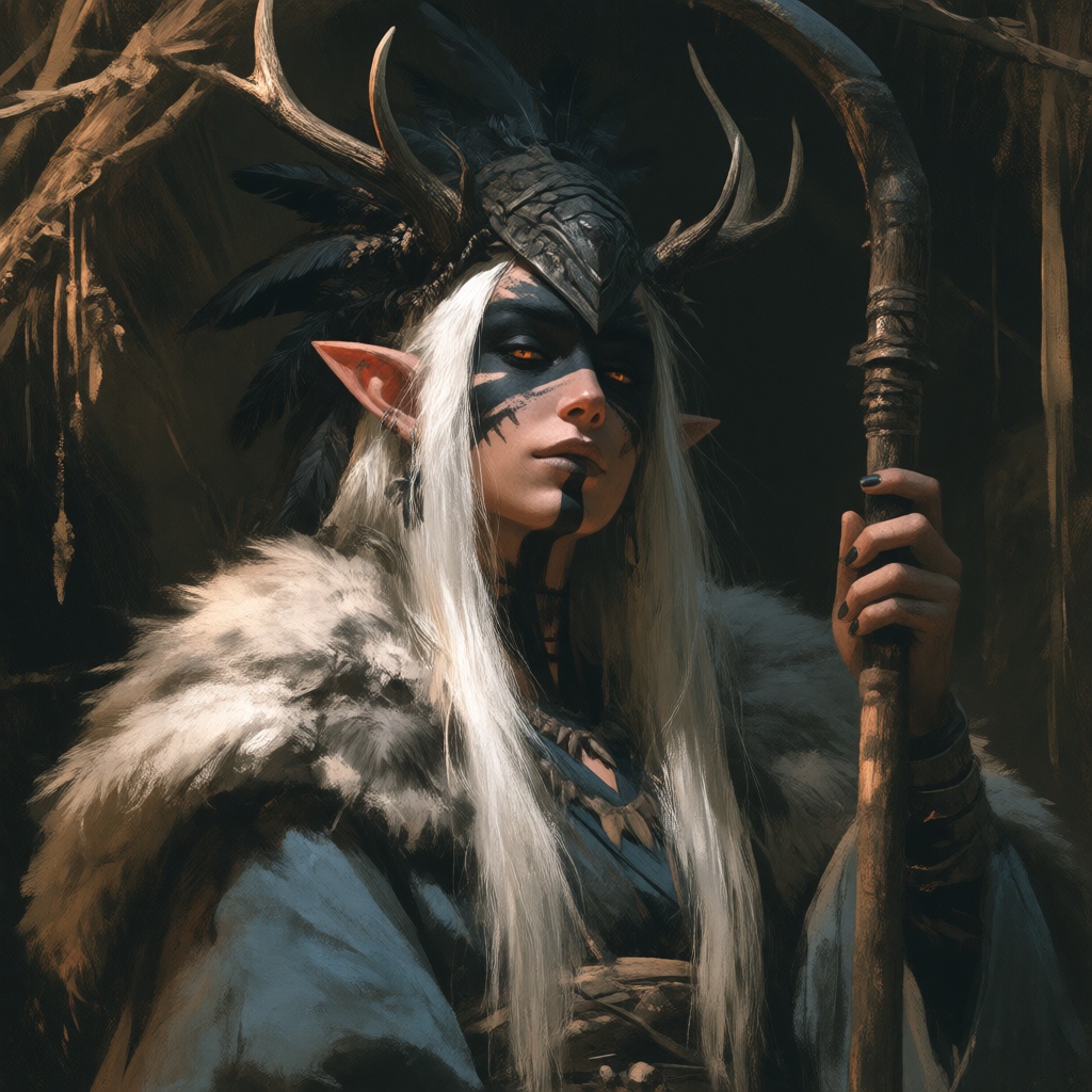 a fantasy portrait of a female elf with antlers and long white hair. her face features prominent black war paint around he...