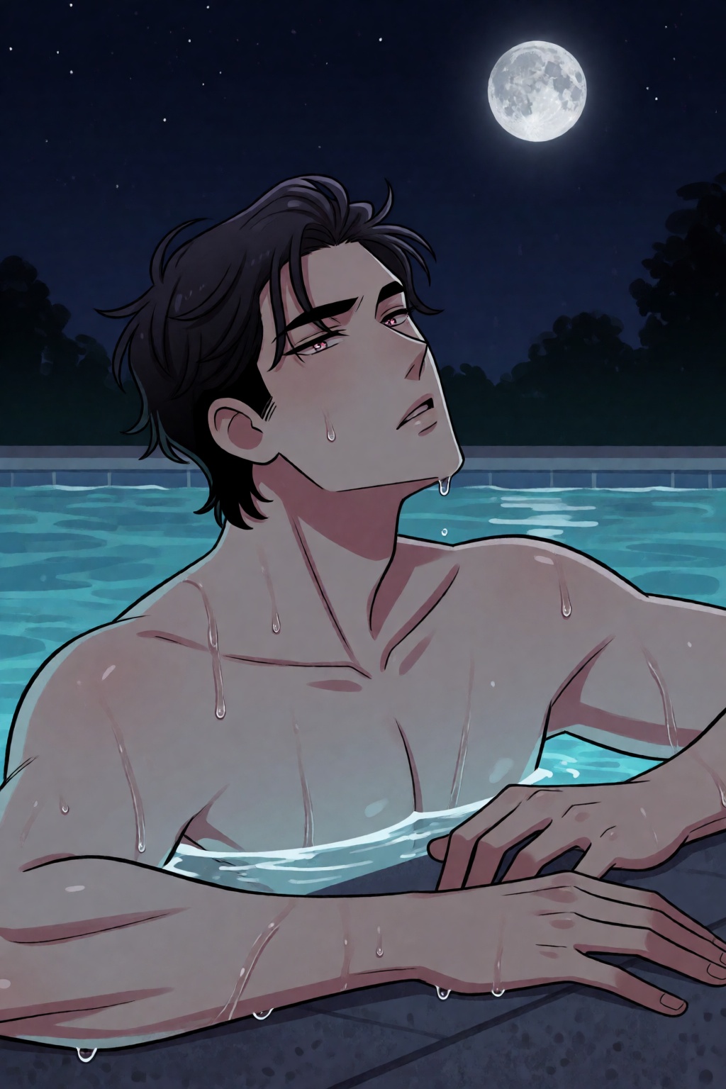 highres,  absurdres,  @pookiesenpai A sensual and cinematic digital illustration features a muscular man with dark on Tens...