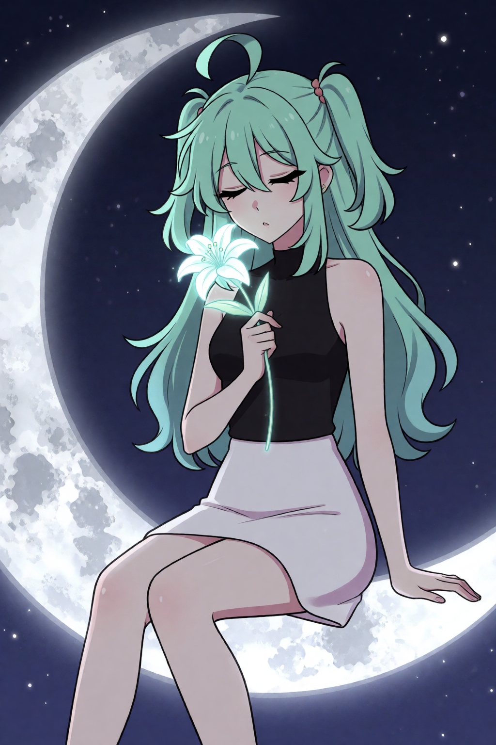 highres,  absurdres,  @pookiesenpai A woman with mint-green hair tied in twin tails sits on the edge of a giant on Tensor.Art