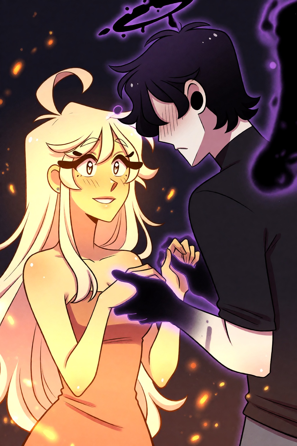 highres,  absurdres,  @pookiesenpai A woman with radiant sun-blonde hair and golden glowing skin smiles softly as a man wi...