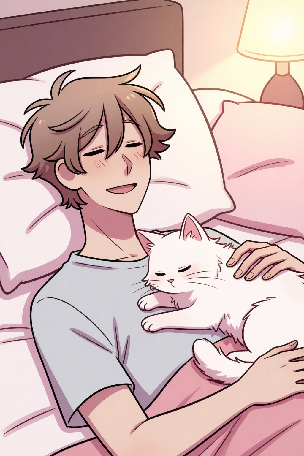 highres,  absurdres,  A heartwarming digital illustration features a young man with light brown hair lying comfortably on...