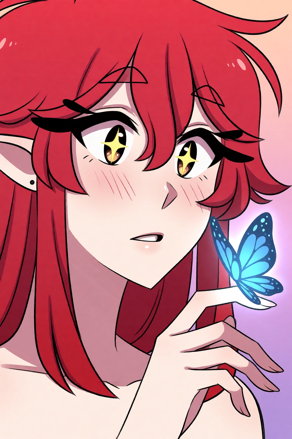 highres,  absurdres,  @pookiesenpai A close-up portrait of a woman with vibrant red hair framing her face. She has large g...