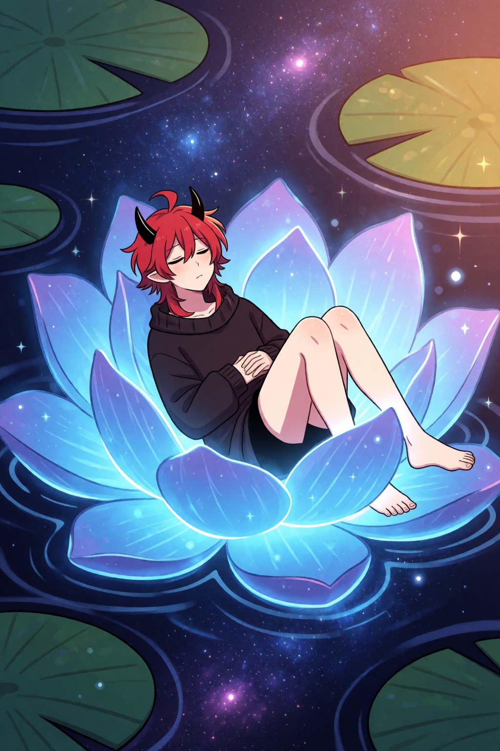 highres,  absurdres,  @pookiesenpai A young man with bright crimson hair and small black horns rests peacefully inside a m...