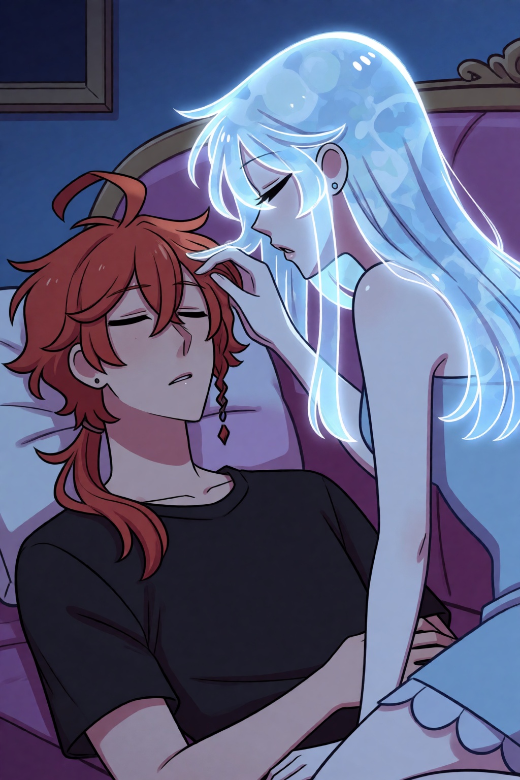 highres,  absurdres,  @pookiesenpai A young man with copper-red hair tied in a loose ponytail and a scarred brow sleeps pe...
