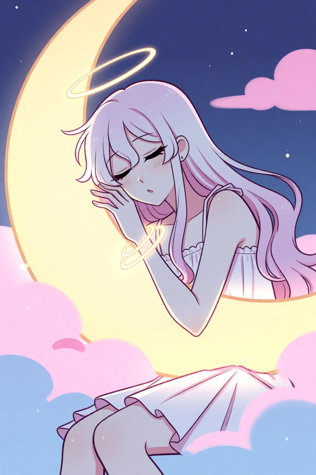 highres,  absurdres,  @pookiesenpai A woman with pale lavender hair and glowing golden halos around her wrists rests her c...