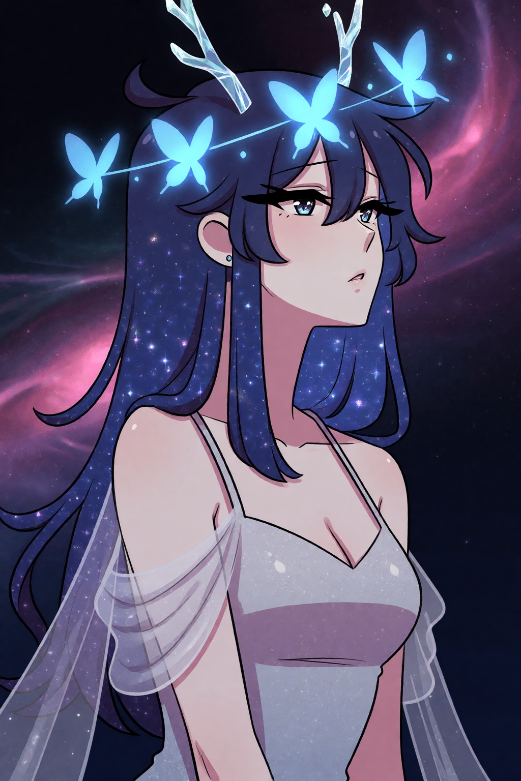 highres,  absurdres,  @pookiesenpai A woman with deep indigo hair sprinkled with glowing stardust and small crystalline an...