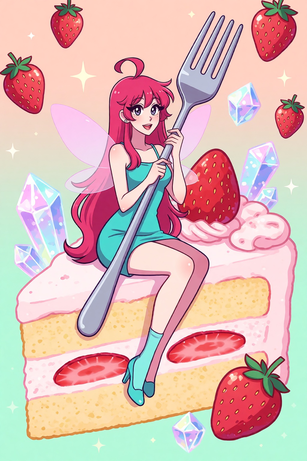 highres,  absurdres,  @pookiesenpai A woman with vibrant magenta hair and small translucent fairy wings sits cross-legged...