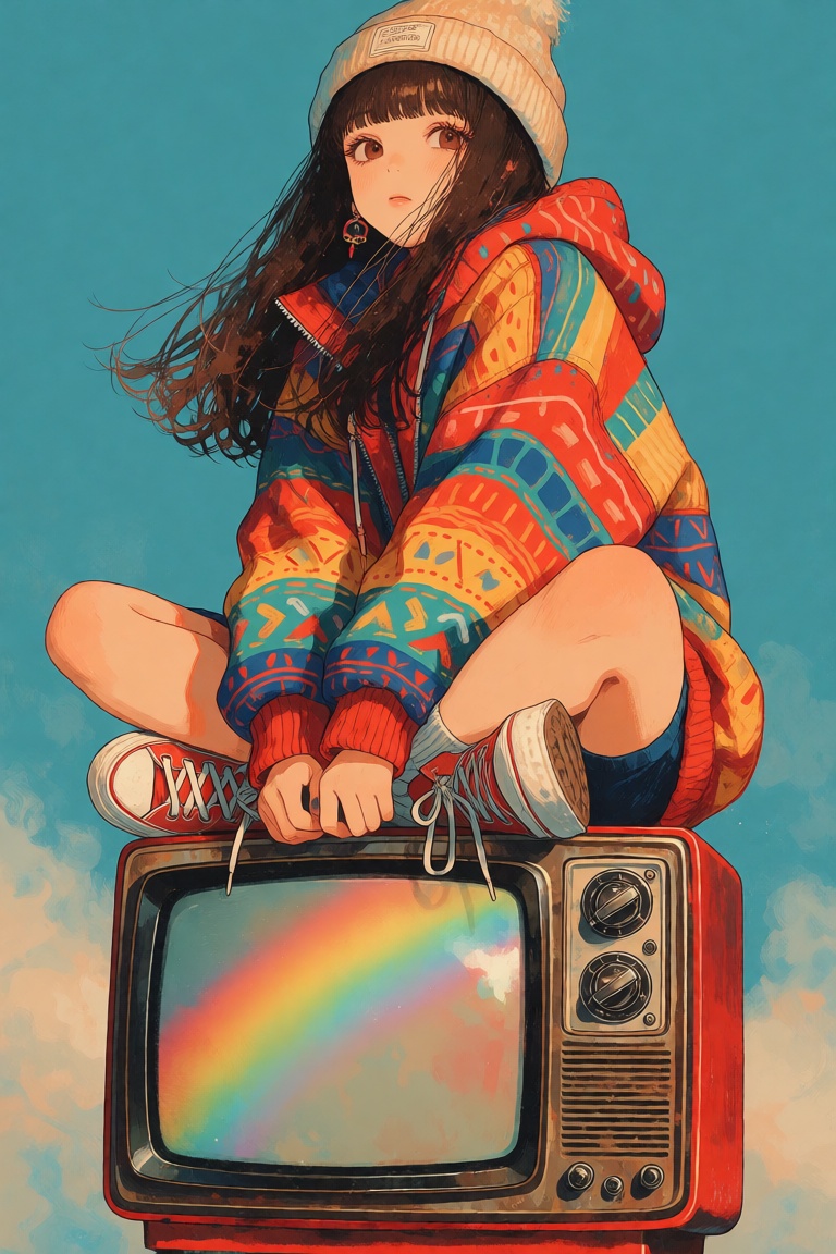 @NIJISIS,  A stylish anime-style digital illustration of a young girl with long brown hair,  wearing a beanie and a colorf...