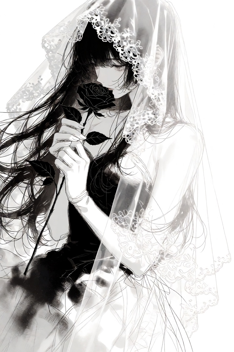 @NIJISIS,  A delicate anime-style illustration of a bride with long,  flowing dark hair and a sheer white veil. She is hol...