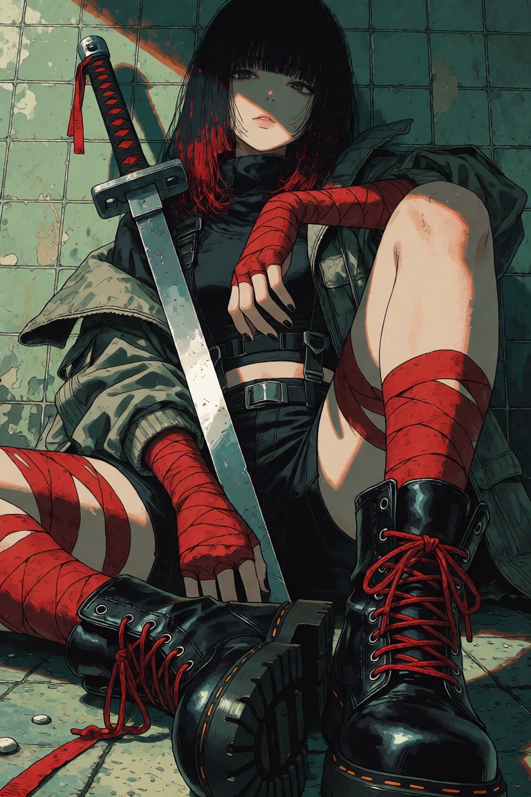 @NIJISIS,  A girl with long black hair partially covering her face,  dark red highlights in her hair on Tensor.Art