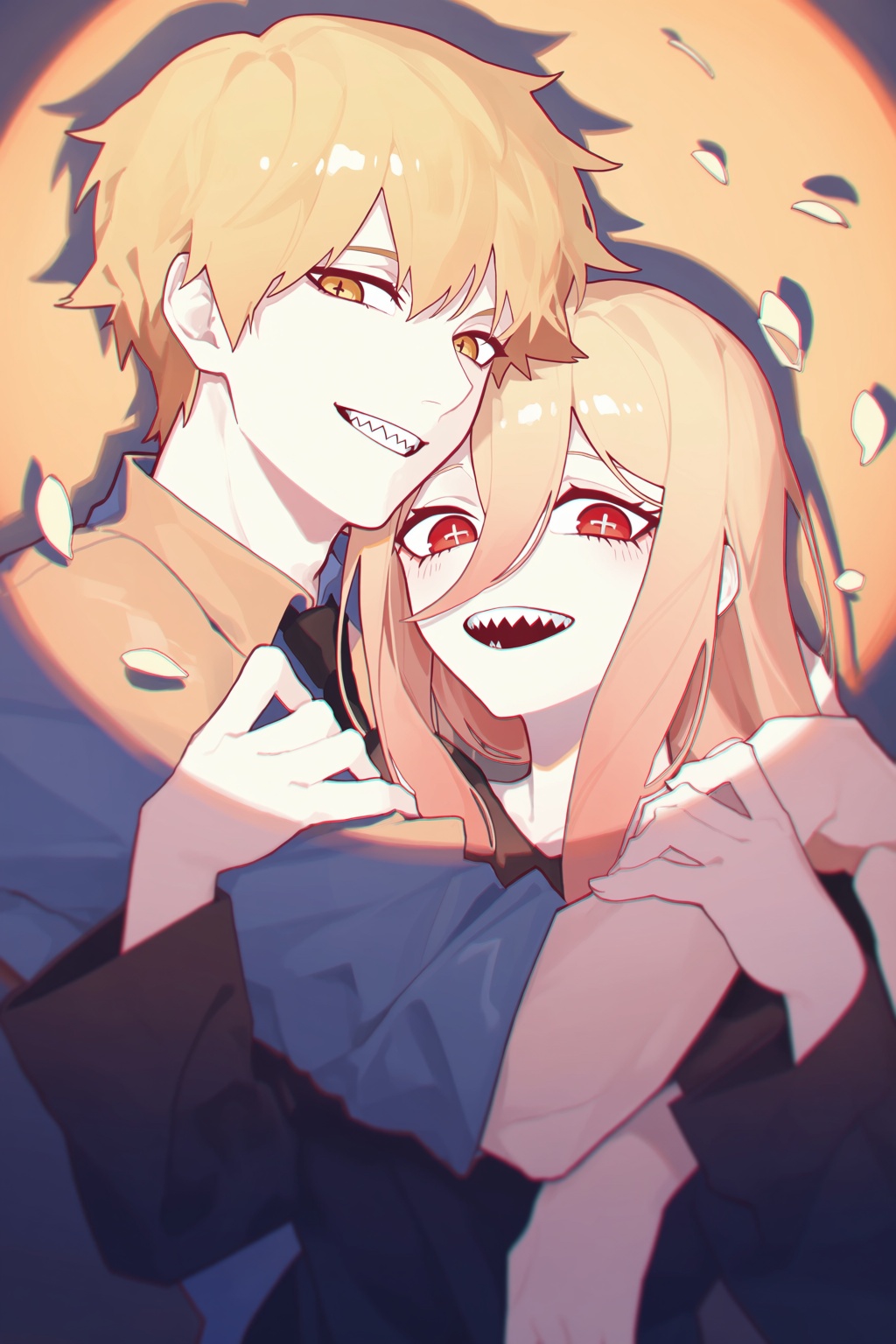 highres,  absurdres,  @xiao_xiaolong This anime-style digital illustration depicts a young blonde man embracing a young wo...