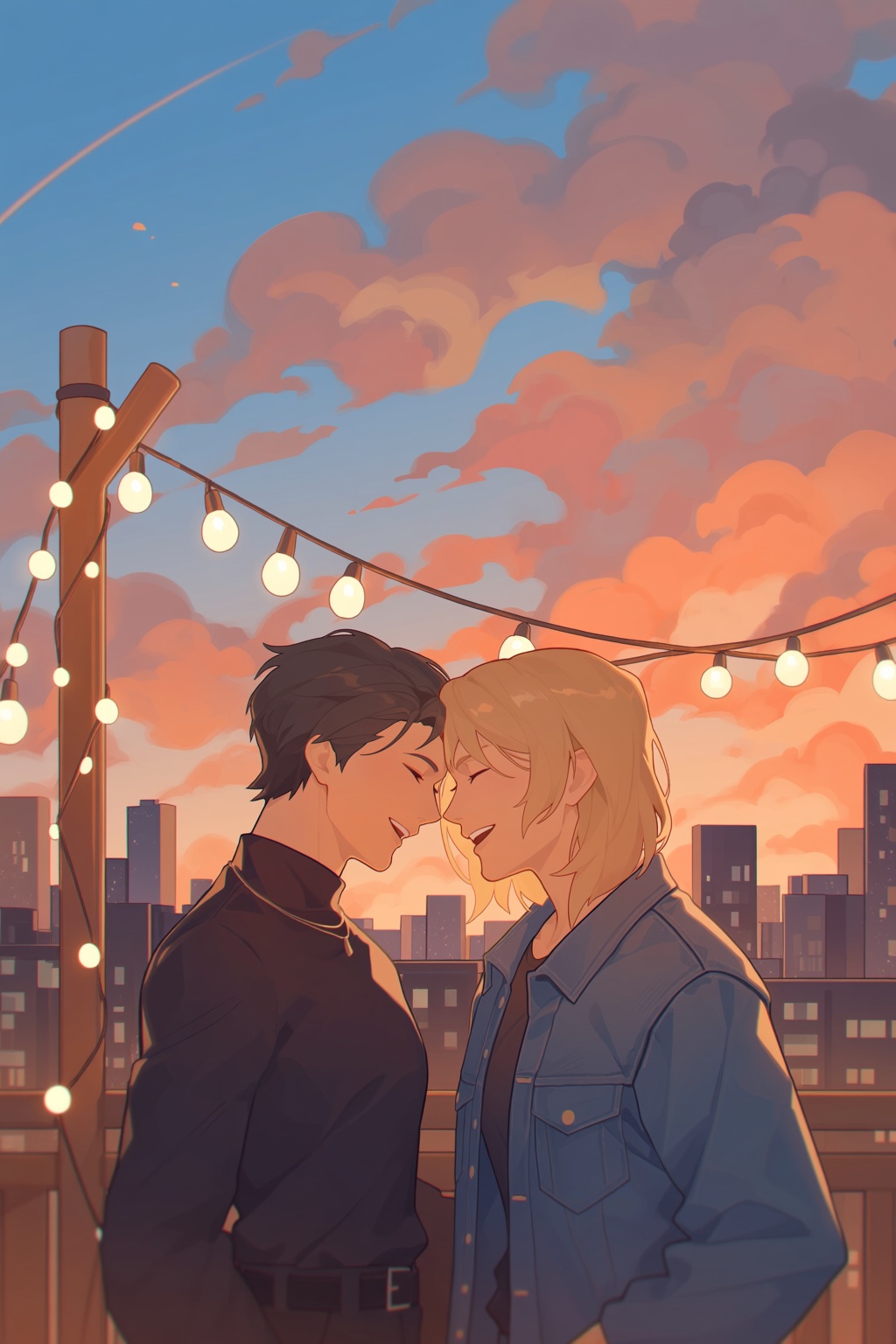 highres,  absurdres,  @xiao_xiaolong An intimate digital illustration shows two men standing close together on a city roof...