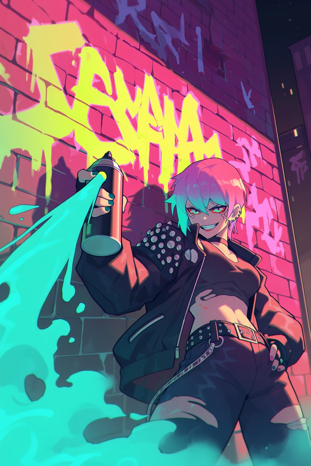 highres,  absurdres,  @xiao_xiaolong This high-energy digital illustration showcases a rebellious woman with choppy on Ten...