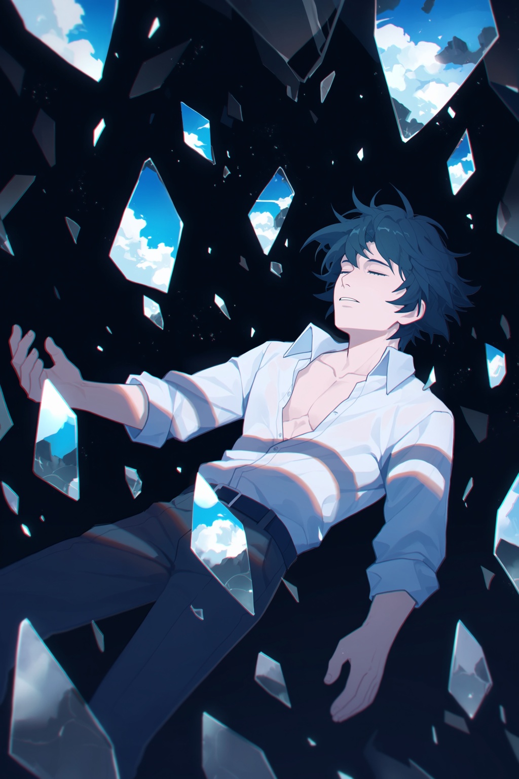 highres,  absurdres,  @xiao_xiaolong This surreal digital illustration features a man with messy dark blue hair drifting w...