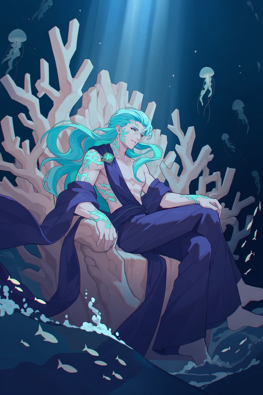 highres,  absurdres,  @xiao_xiaolong An ethereal underwater illustration features a man with luminescent on Tensor.Art