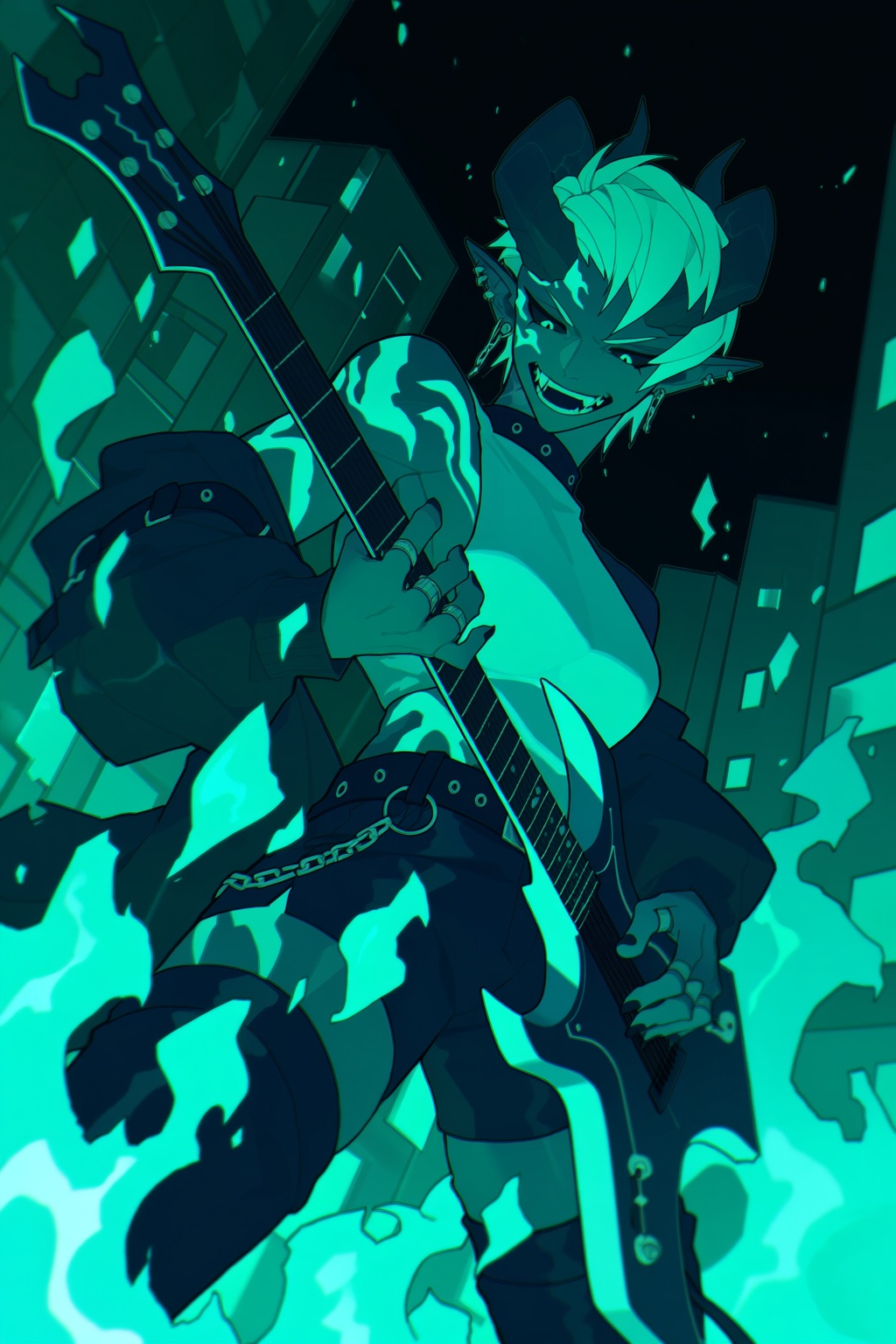 highres,  absurdres,  @xiao_xiaolong A stylized digital illustration features a grinning man with pointed ears and horns o...