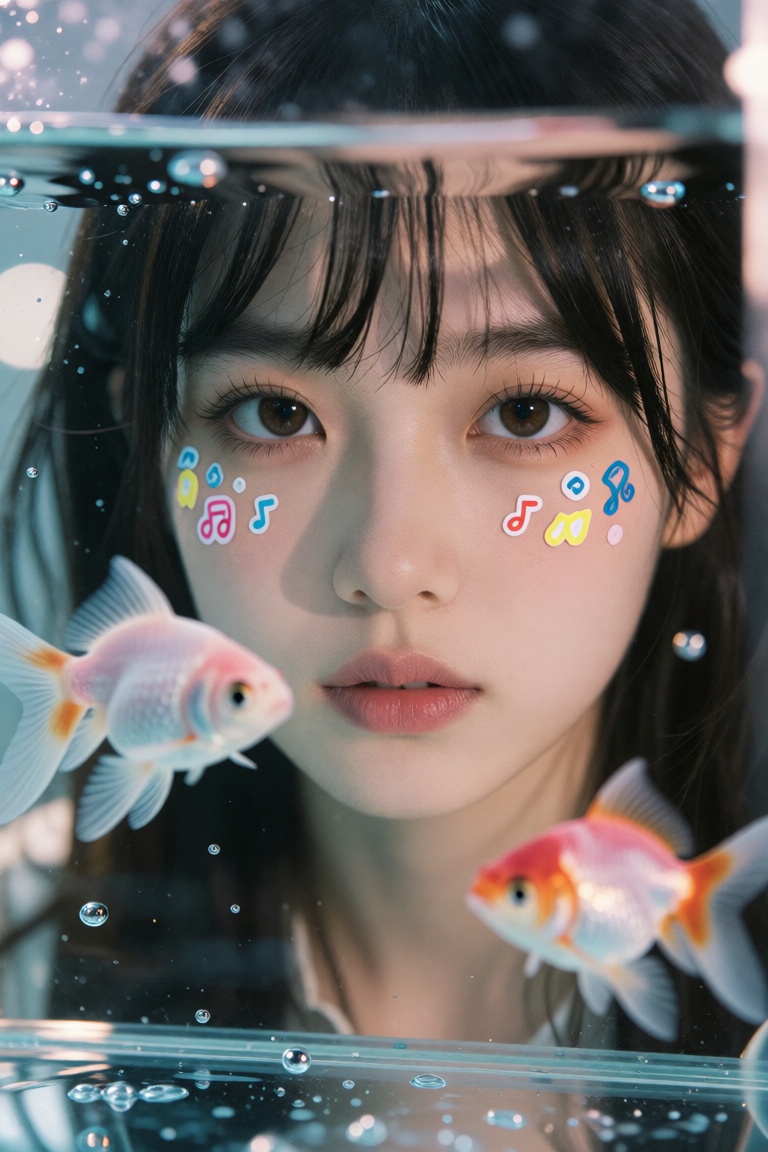 A creative close-up portrait of a young Asian woman with dark hair and bangs,  looking through a glass water ****. Her fac...