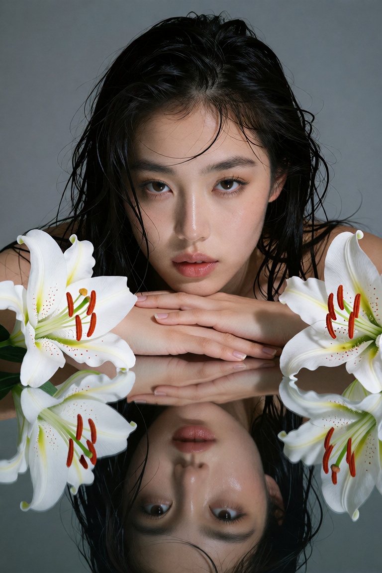 A high-fashion studio portrait of a beautiful young Asian woman with long,  wet,  messy black hair. She is resting her chi...