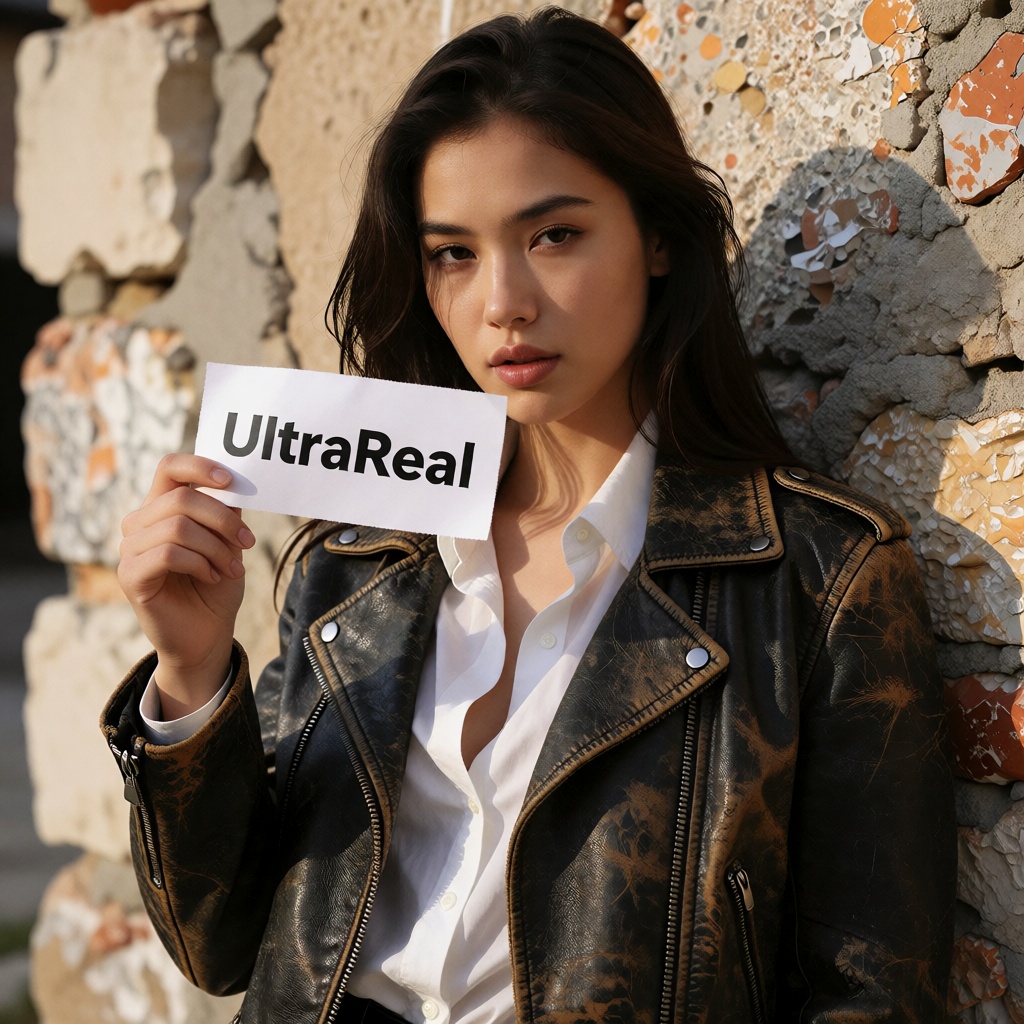 A medium shot of a beautiful East Asian woman in a distressed leather jacket,  holding a piece of white paper with the tex...