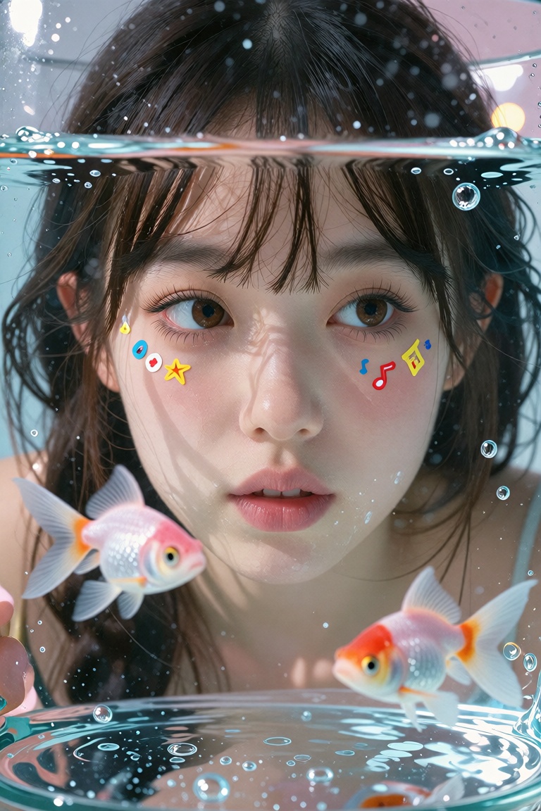 A creative close-up portrait of a young Asian woman with dark hair and bangs,  looking through a glass water ****. Her fac...
