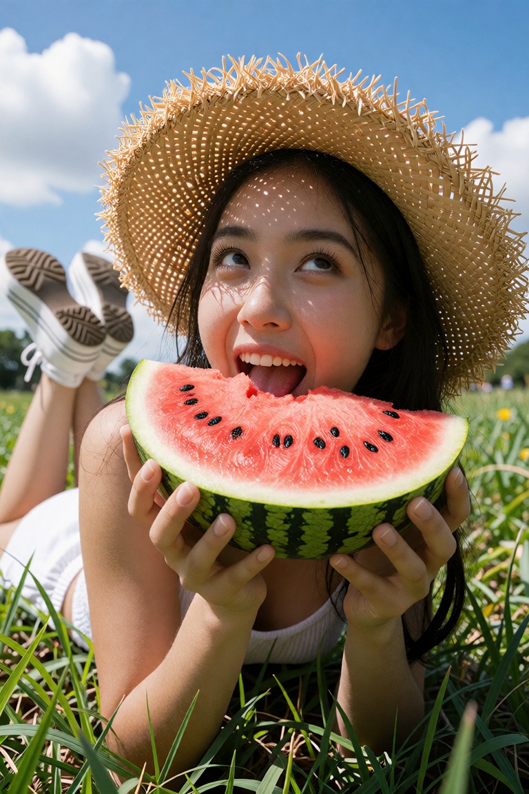 A low-angle shot looking up at a young Asian woman lying in lush green grass under a bright blue sky with fluffy white clo...