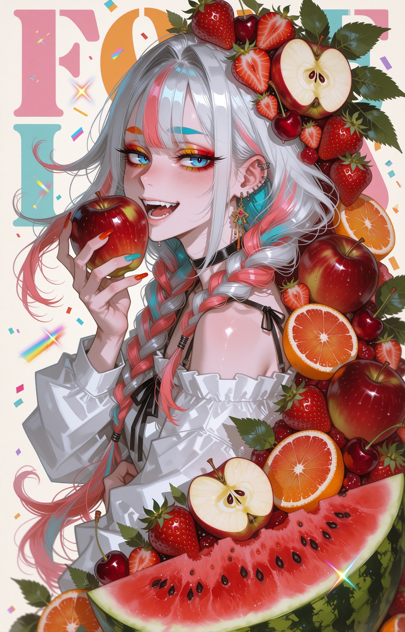 A playful anime girl with long silver-white hair vividly streaked in coral pink and teal,  woven into a thick loose braid...