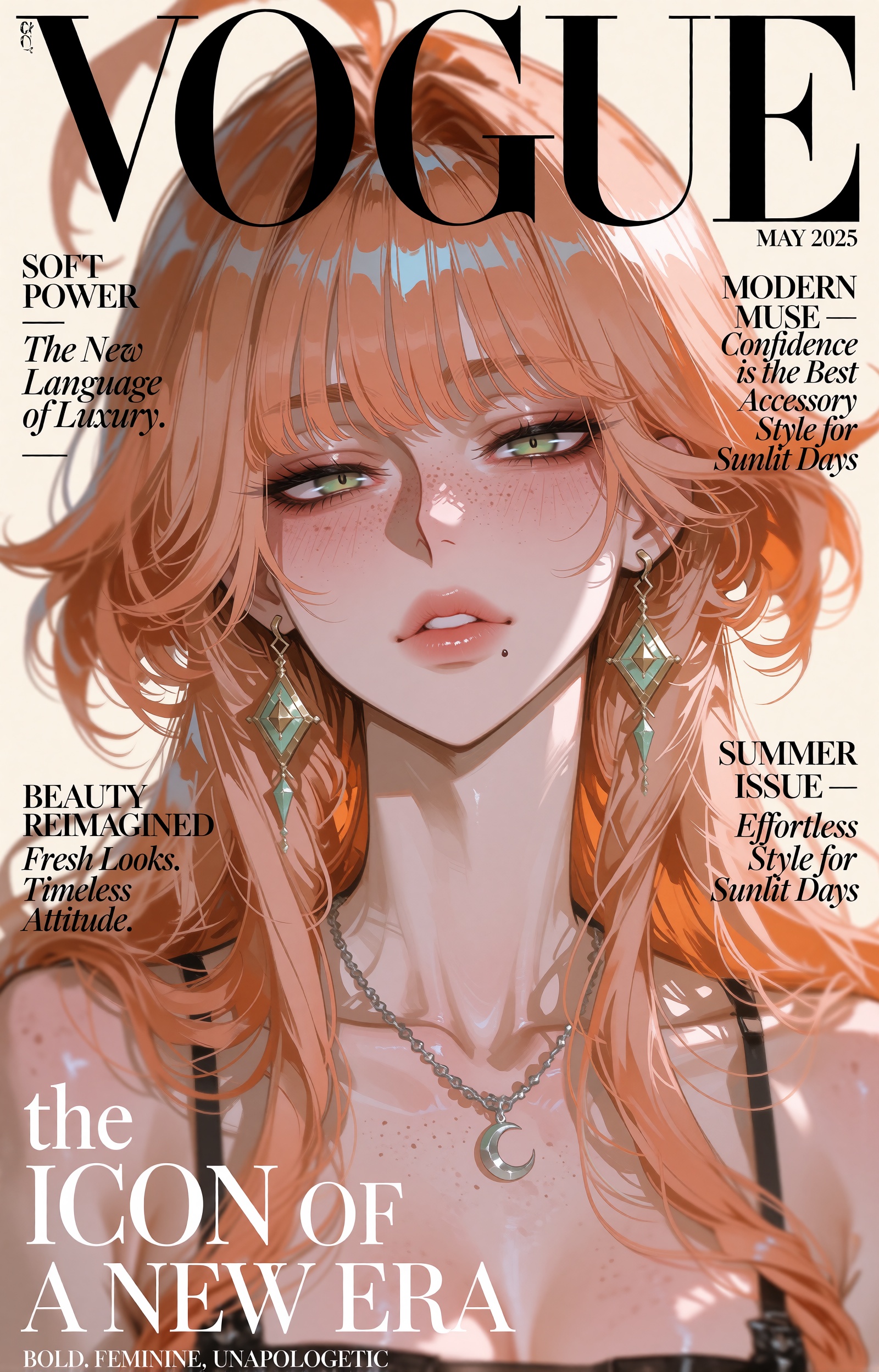 A vertical fashion magazine cover rendered as a highly detailed semi-realistic anime illustration. A young woman with long...